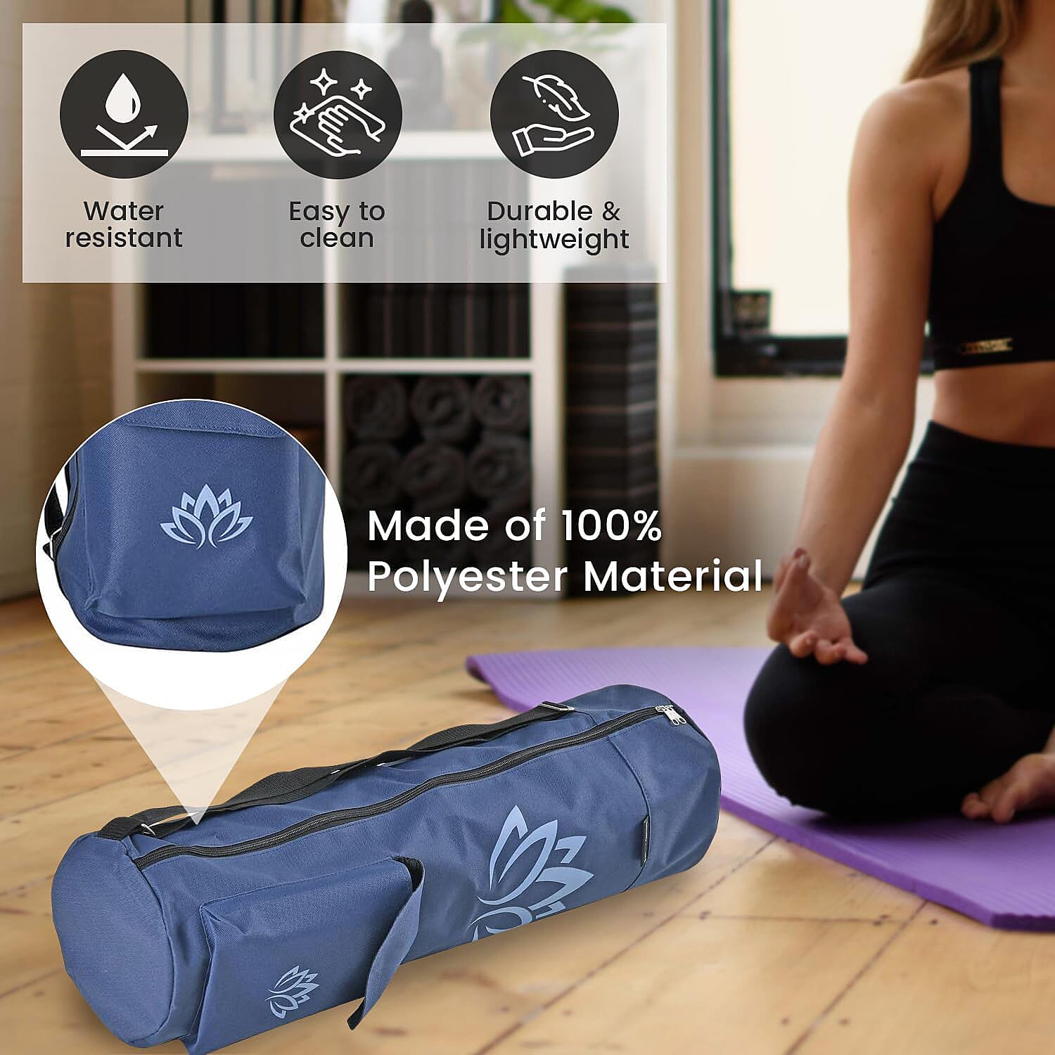 Soul Smart Lotus Printed Yoga Bag (Size 70x20 cm) - Navy & Light Blue