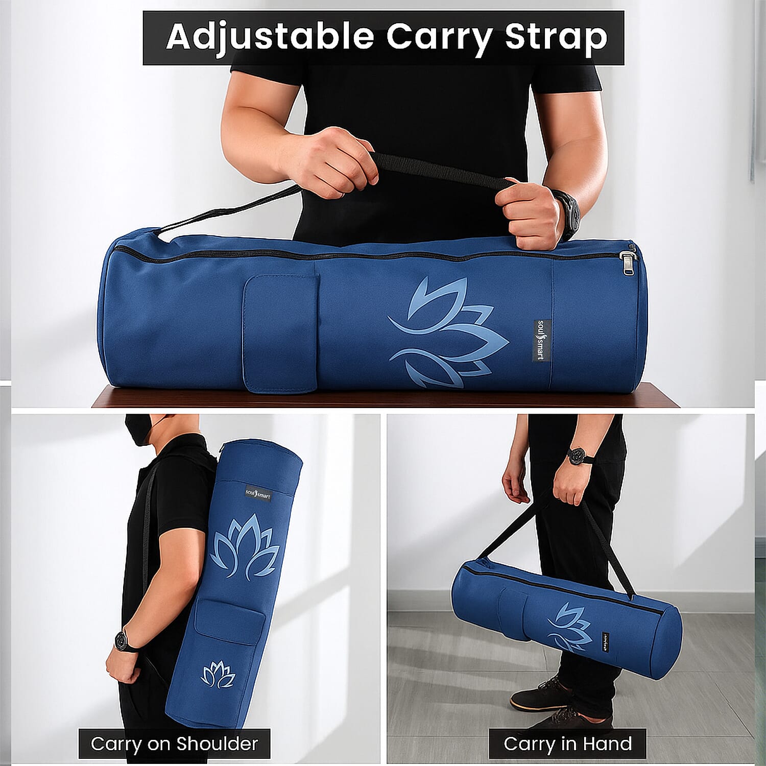 Soul Smart Lotus Printed Yoga Bag (Size 70x20 cm) - Navy & Light Blue