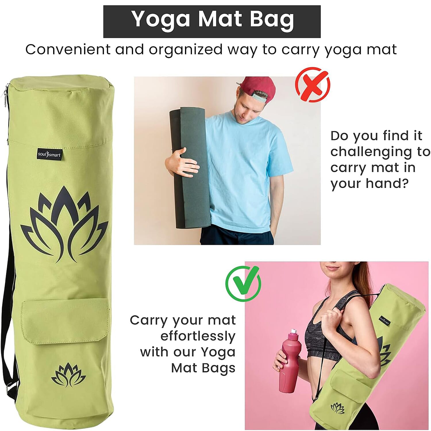 Soul Smart Lotus Printed Yoga Bag (Size 70x20 cm) - Green & Grey