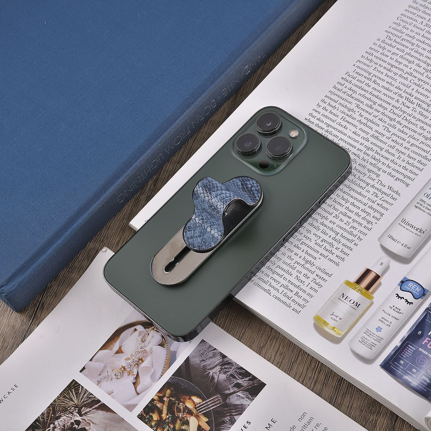 Set of 2 Adjustable Flexible Finger Grip for Mobile - Embossed Snake Blue & Black