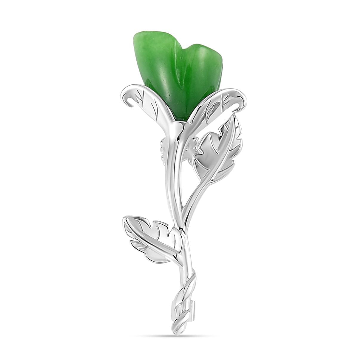 Green Jade Floral Brooch in Rhodium Overlay Sterling Silver 12.00 Ct