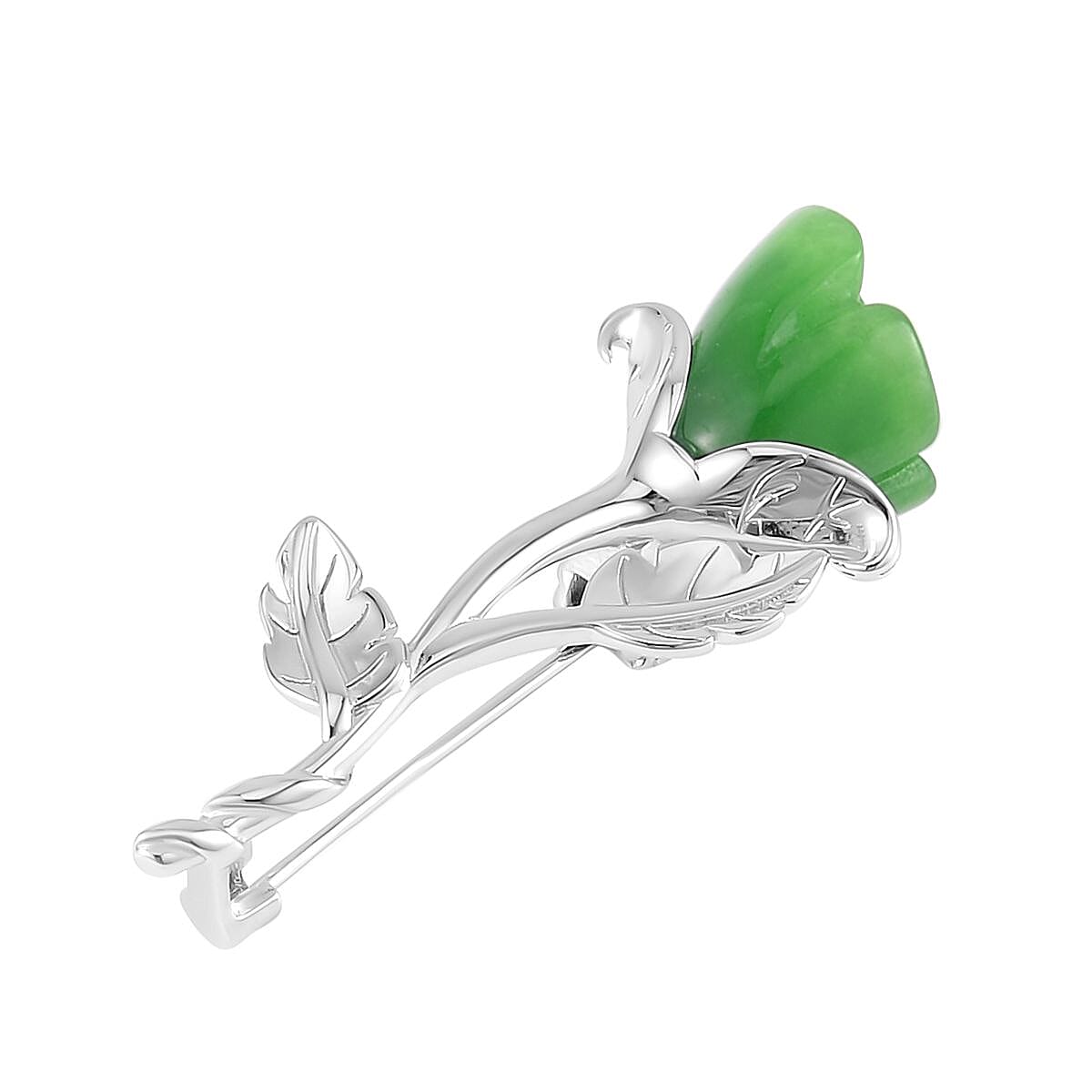 Green Jade Floral Brooch in Rhodium Overlay Sterling Silver 12.00 Ct