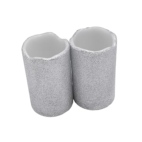 Set of 2 LED Glittered Wax Candles - Silver