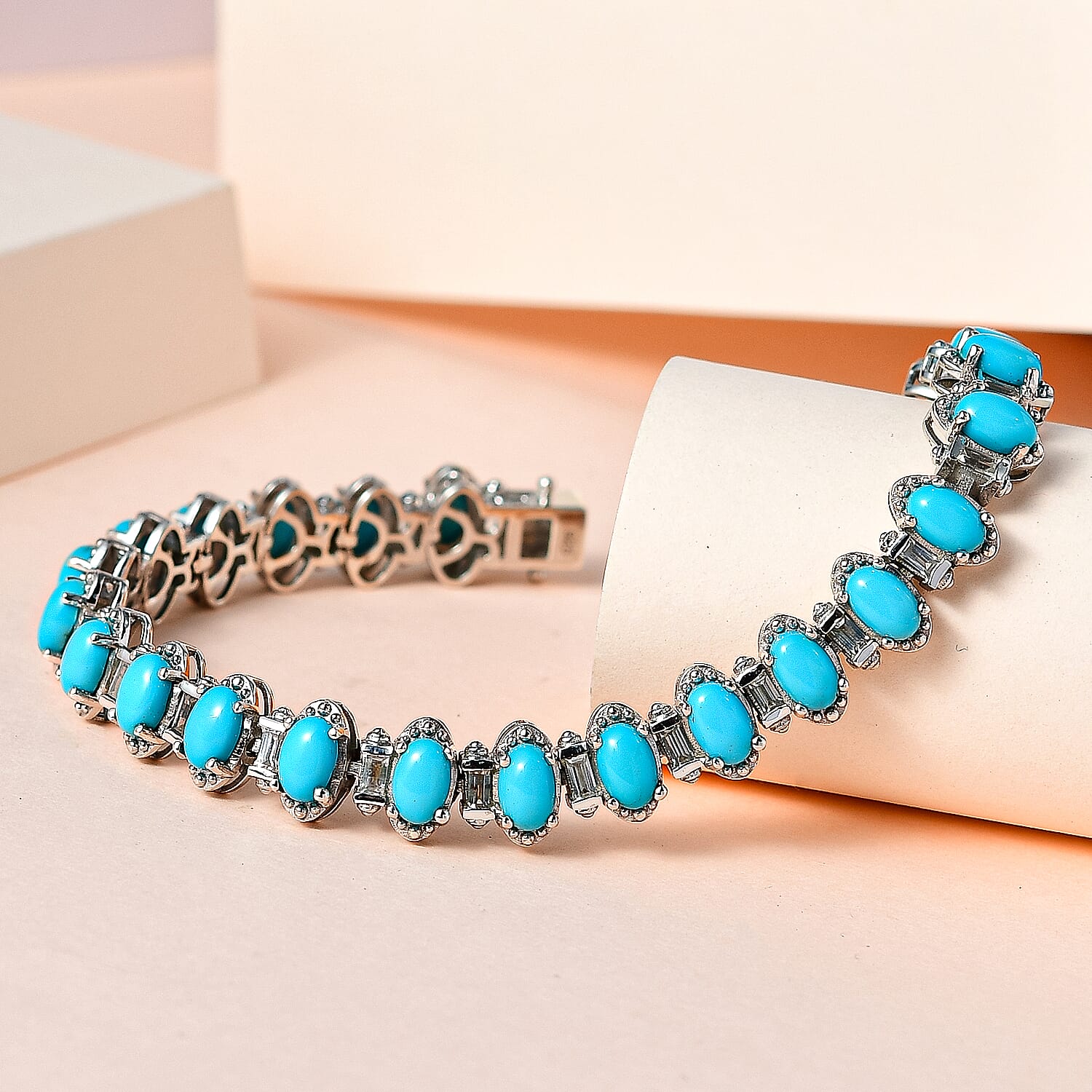 Arizona Sleeping Beauty Turquoise and Natural Zircon Bracelet (Size - 7) in Platinum Overlay Sterling Silver 13.37 Ct, Silver Wt. 16.09 Gms