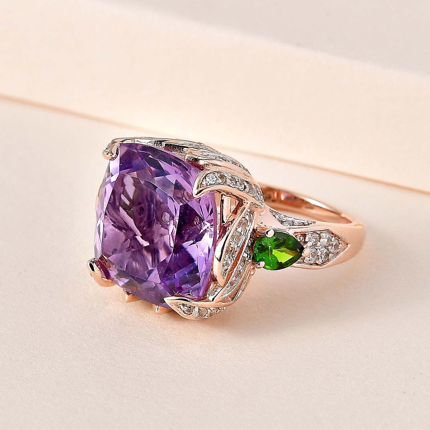 GP- Leaf Collection - Pink Amethyst and Multi Gemstone Ring in 18K Rose Gold Vermeil Plated Sterling Silver 15.76 Ct