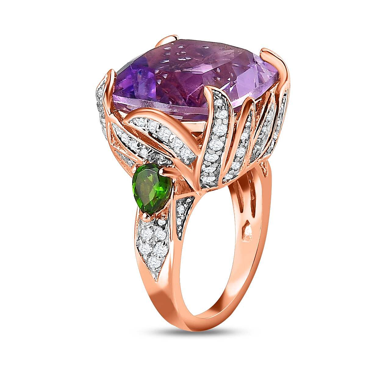 GP- Leaf Collection - Pink Amethyst and Multi Gemstone Ring in 18K Rose Gold Vermeil Plated Sterling Silver 15.76 Ct