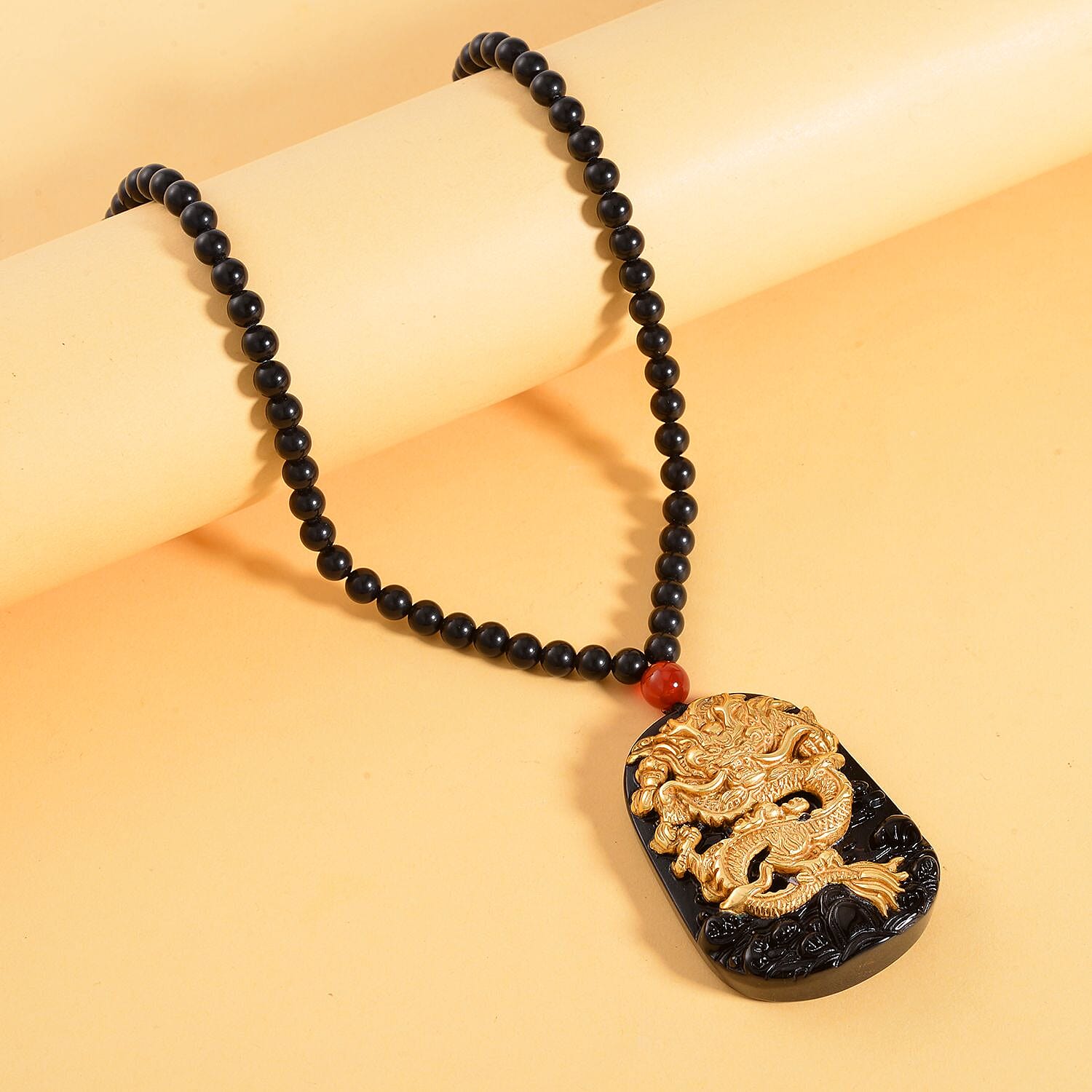 First Time ever - Hand Carved Black Obsidian Dragon Necklace (Size - 25) in Gold Overlay Sterling Silver 378.00 ct.