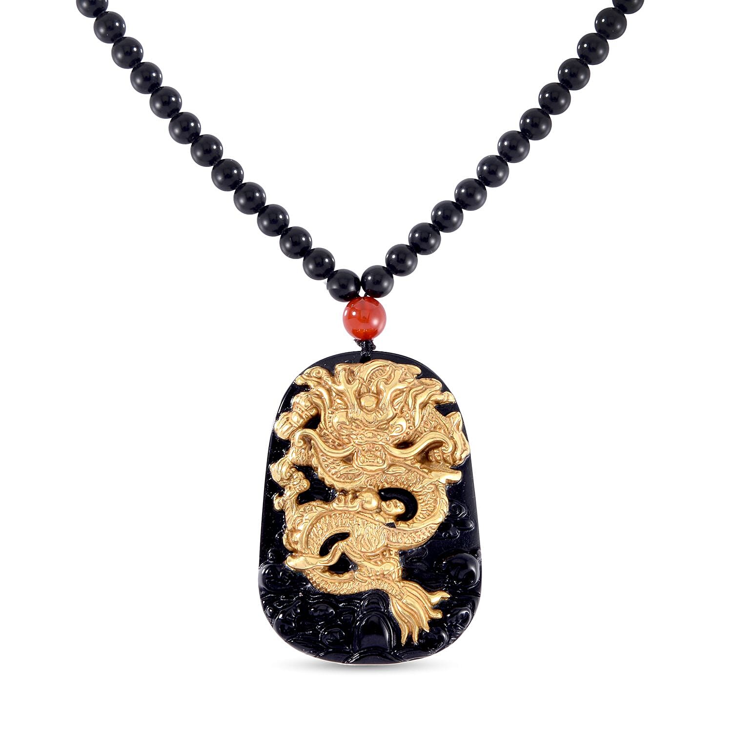 First Time ever - Hand Carved Black Obsidian Dragon Necklace (Size - 25) in Gold Overlay Sterling Silver 378.00 ct.