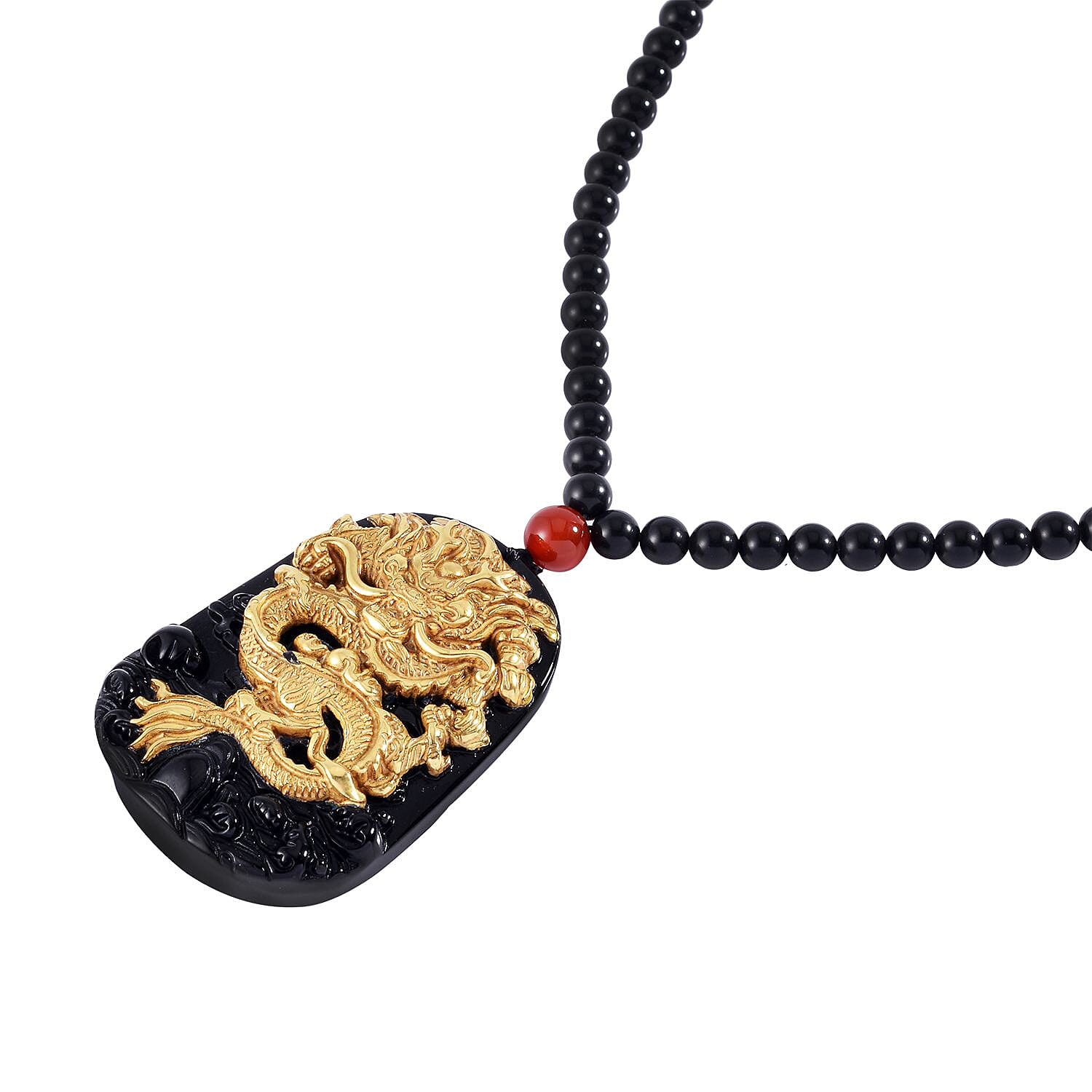 First Time ever - Hand Carved Black Obsidian Dragon Necklace (Size - 25) in Gold Overlay Sterling Silver 378.00 ct.