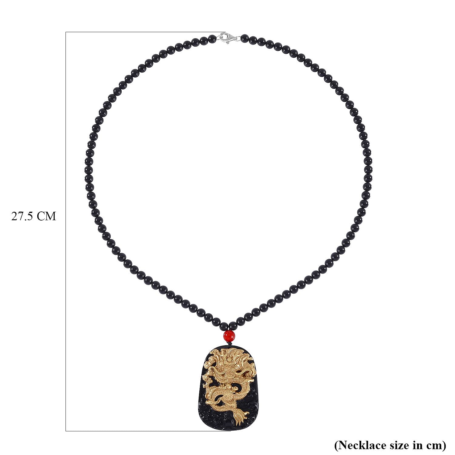 First Time ever - Hand Carved Black Obsidian Dragon Necklace (Size - 25) in Gold Overlay Sterling Silver 378.00 ct.