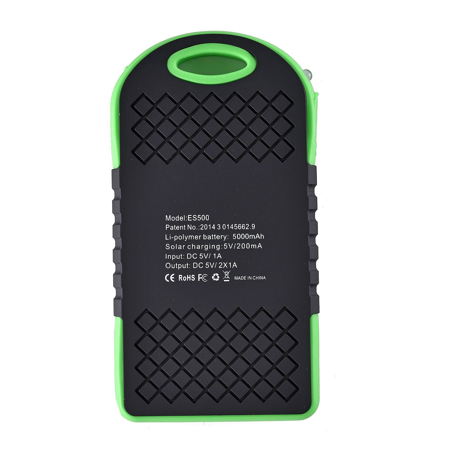 Power Bank with Solar Panel - Clip (5000mah) - Charge 2 Devices -  Green - Black