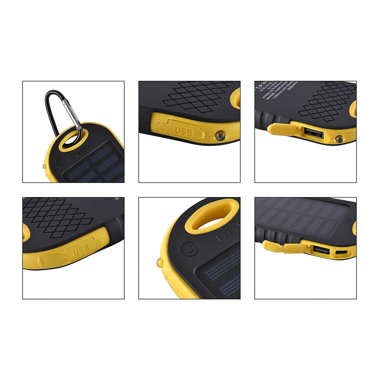 Power Bank with Solar Panel & Clip (5000mah) - Charge 2 Devices - Yellow & Black