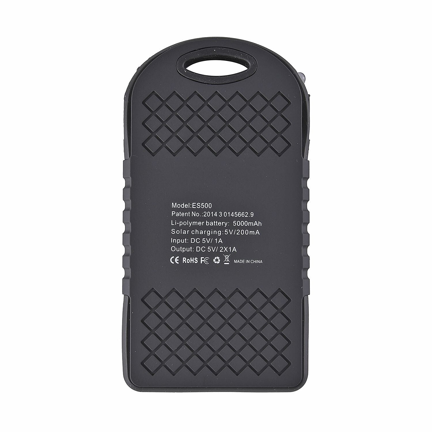 Power Bank with Solar Panel & Clip (5000mah) - Charge 2 Devices -  Black