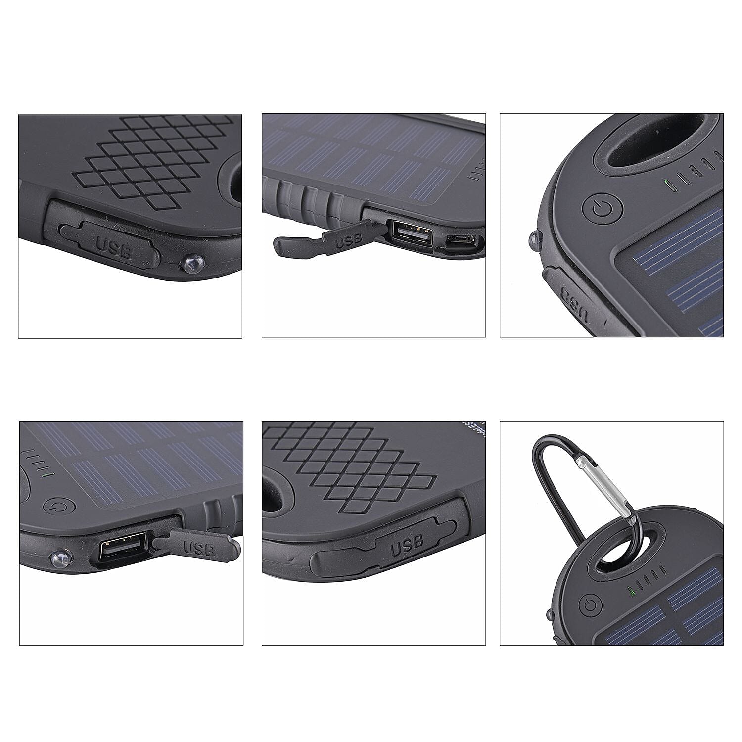 Power Bank with Solar Panel & Clip (5000mah) - Charge 2 Devices -  Black