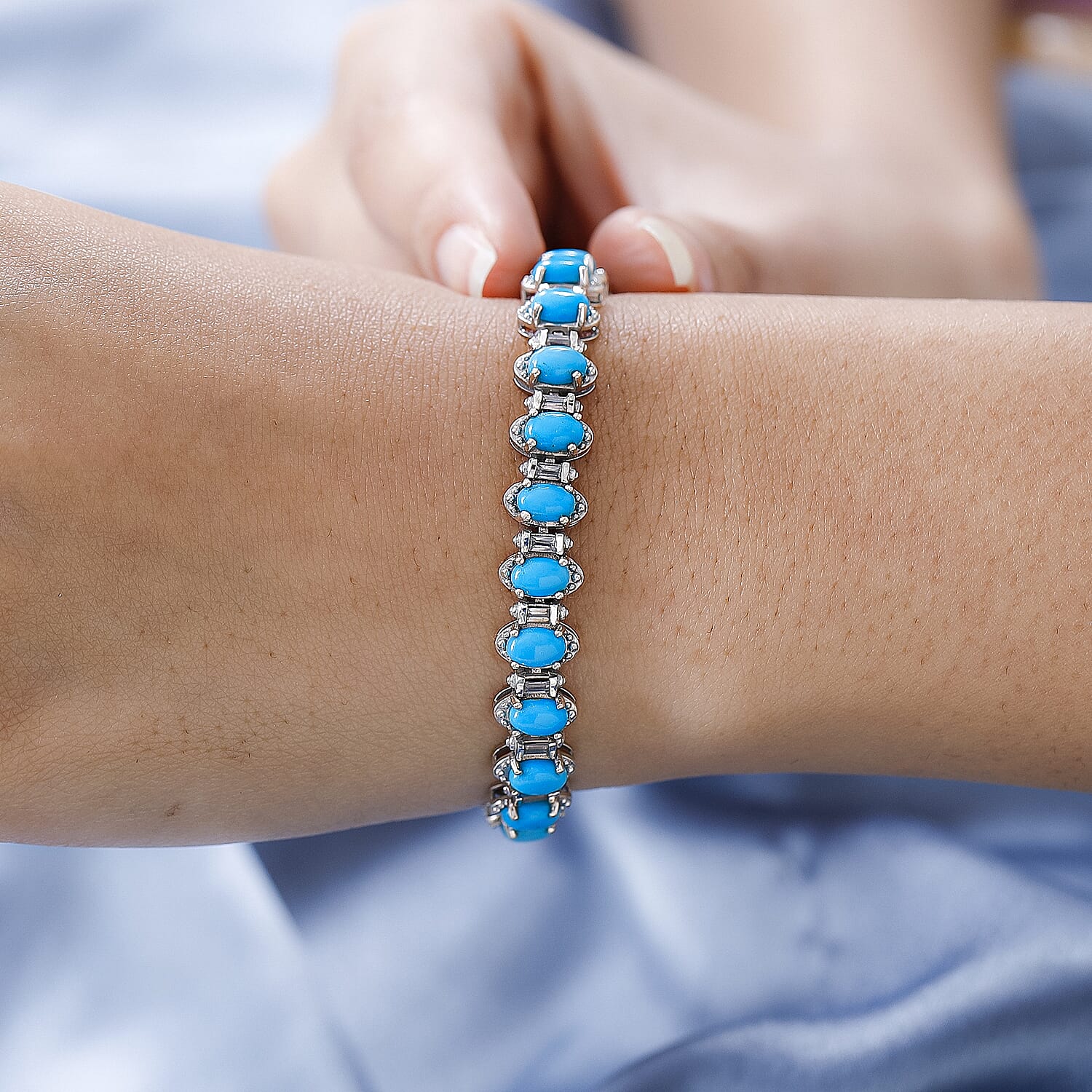 Arizona Sleeping Beauty Turquoise & Natural Zircon Bracelet (Size - 7.5) in Platinum Overlay Sterling Silver 14.48 Ct, Silver Wt. 16.97 Gms