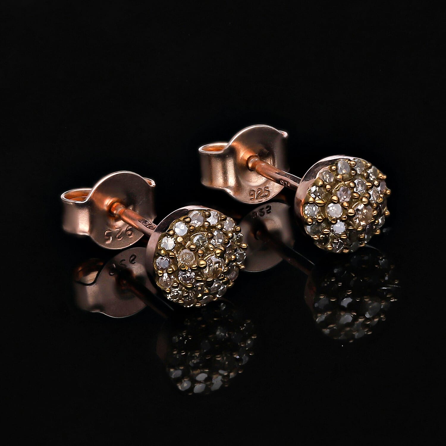 Natural Champagne Diamond Stud Earrings in Vermeil Rose Gold Plated Sterling Silver 0.25 Ct.