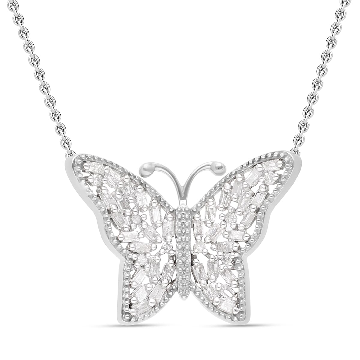 Diamond Butterfly Necklace (Size - 18-20) in Platinum Overlay Sterling Silver 0.26 Ct.
