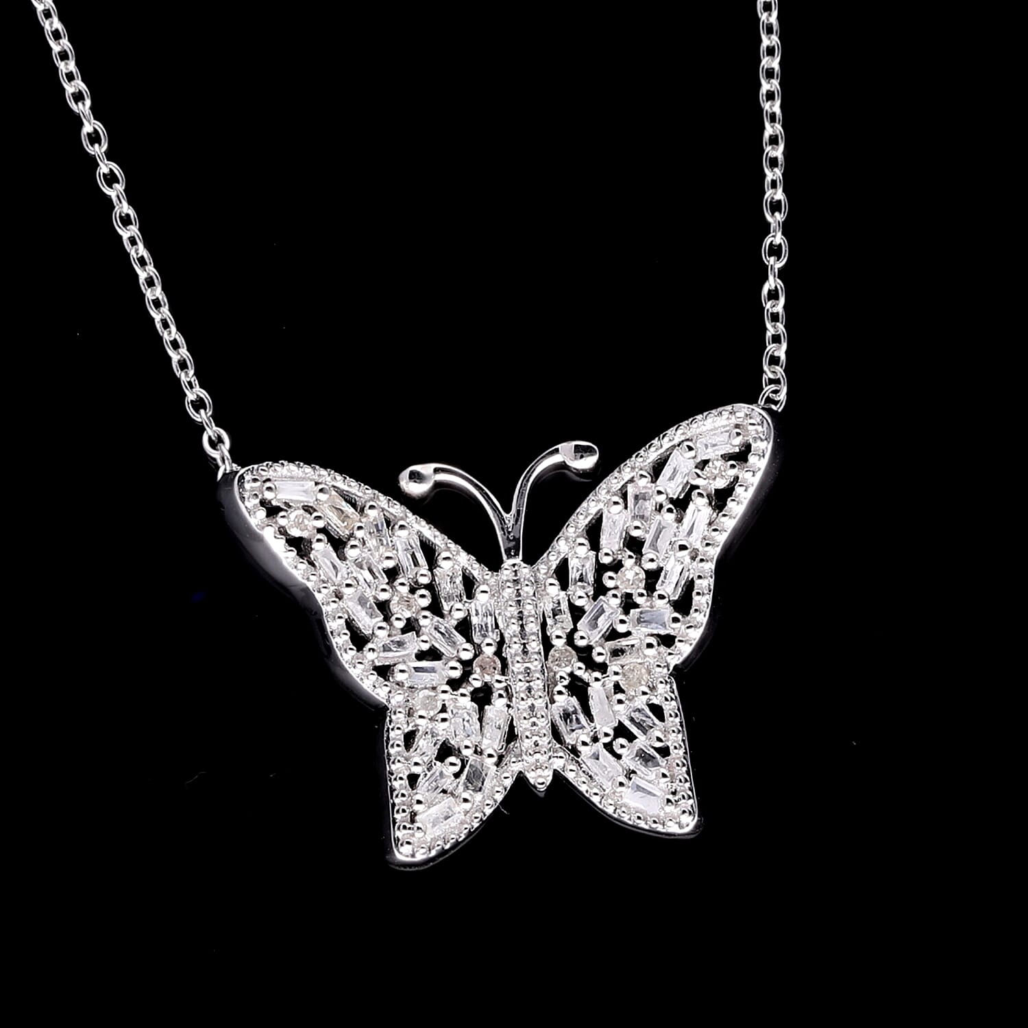 Diamond Butterfly Necklace (Size - 18-20) in Platinum Overlay Sterling Silver 0.26 Ct.