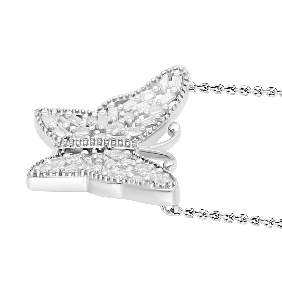 Diamond Butterfly Necklace (Size - 18-20) in Platinum Overlay Sterling Silver 0.26 Ct.