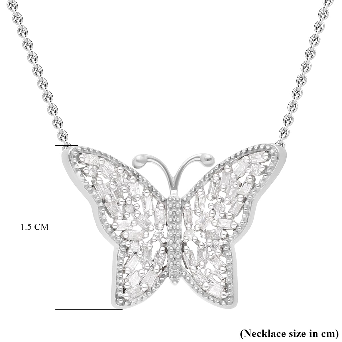 Diamond Butterfly Necklace (Size - 18-20) in Platinum Overlay Sterling Silver 0.26 Ct.