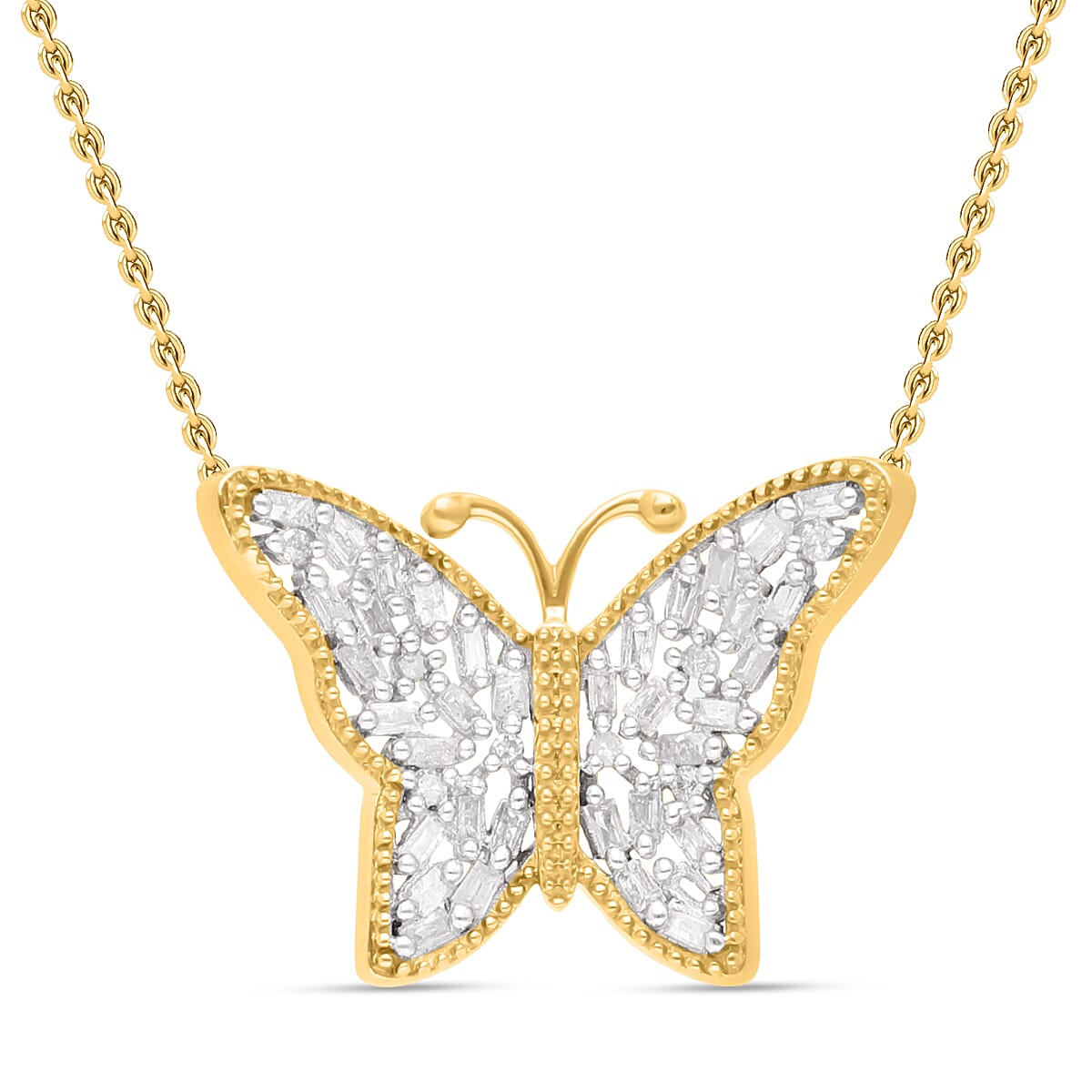 Diamond Butterfly Necklace (Size - 18-20) in Yellow Gold Vermeil Plated Sterling Silver 0.26 Ct.