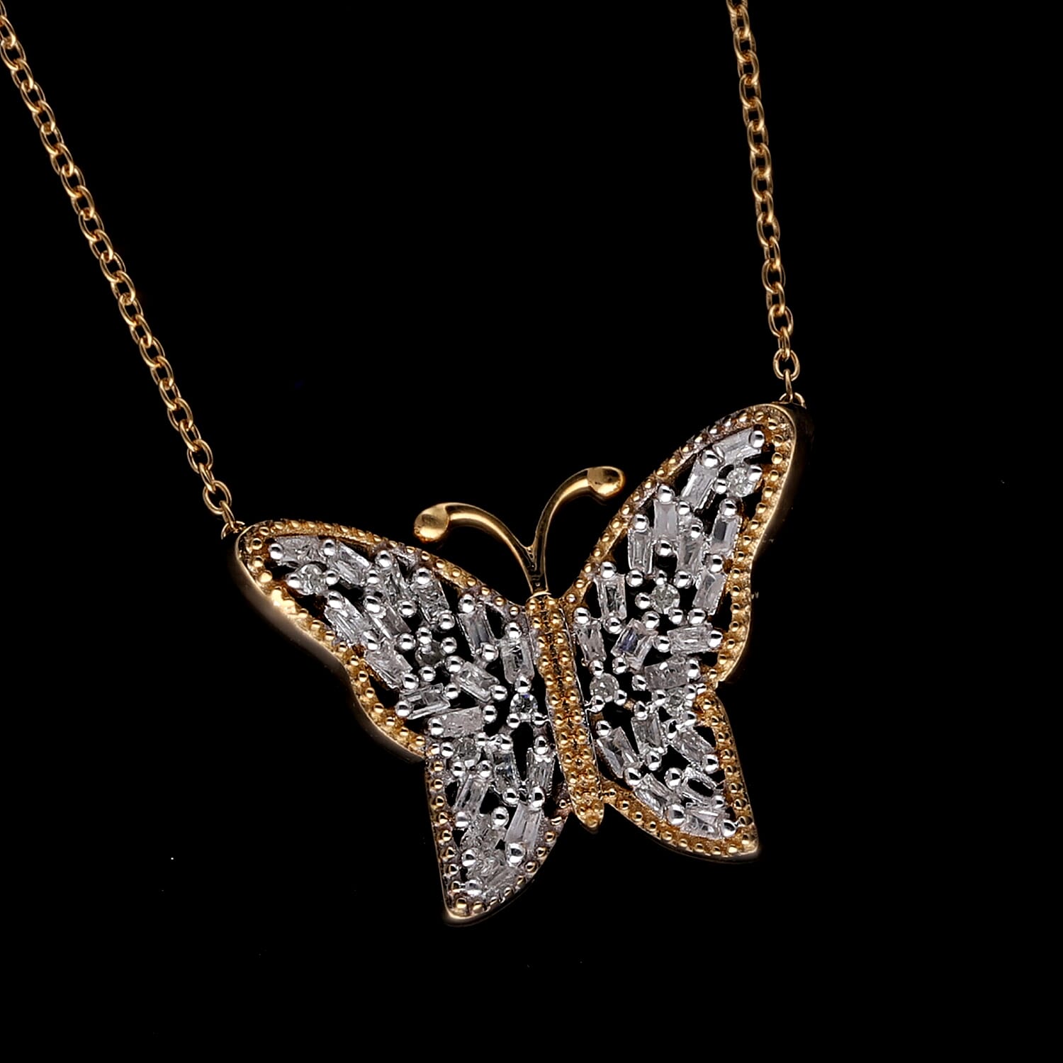 Diamond Butterfly Necklace (Size - 18-20) in Yellow Gold Vermeil Plated Sterling Silver 0.26 Ct.