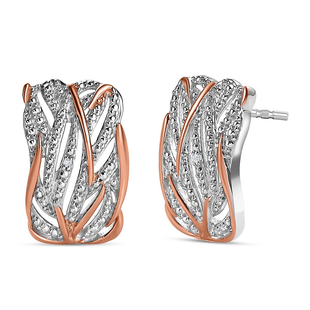 Diamond Criss Cross Earing in 18K Vermeil Rose Gold Plated and Platinum Overlay Sterling Silver