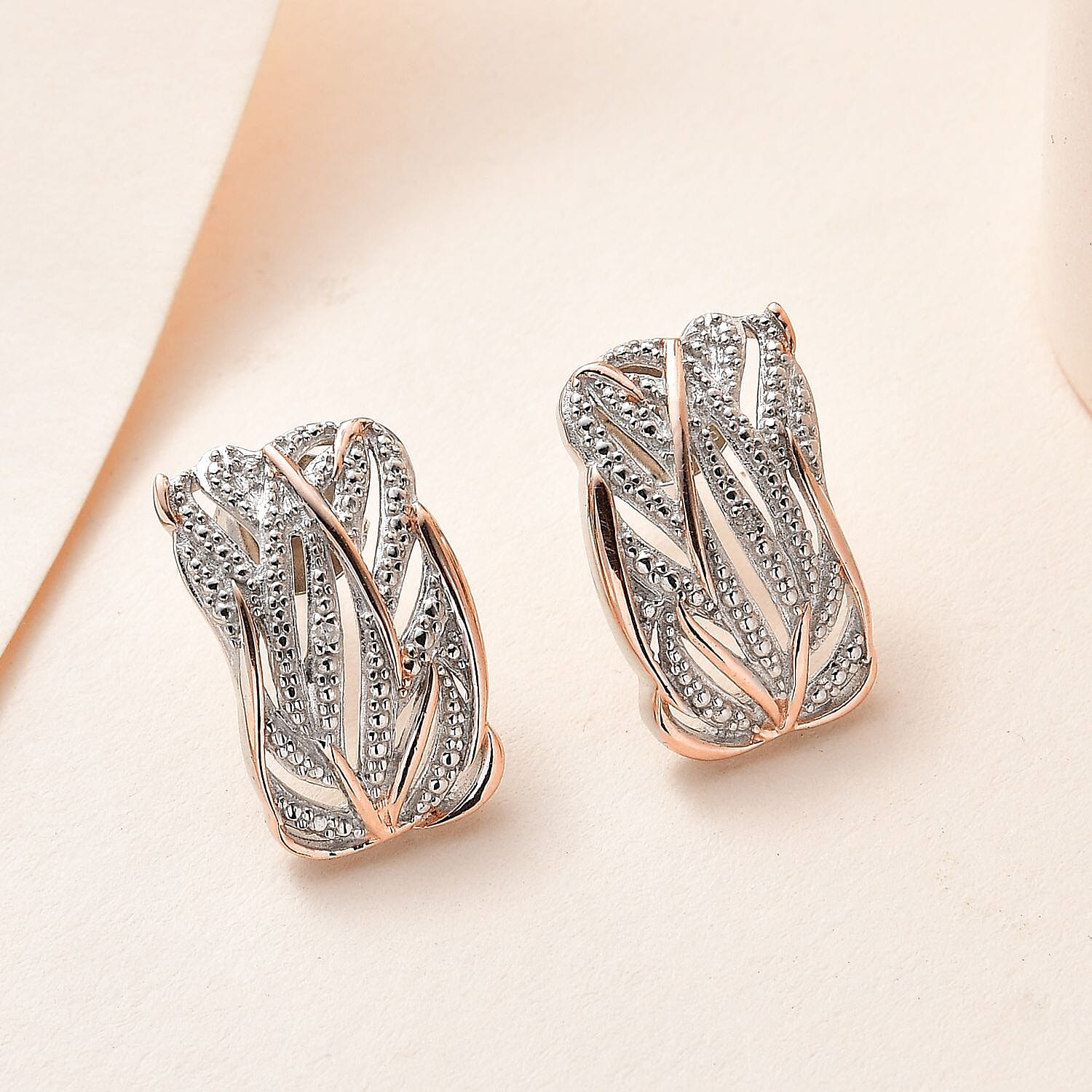 Diamond Criss Cross Earing in 18K Vermeil Rose Gold Plated and Platinum Overlay Sterling Silver