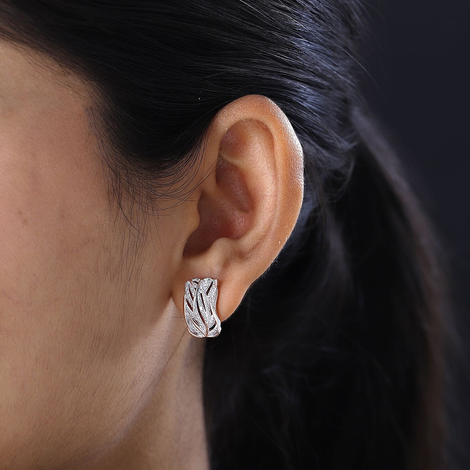 Diamond Criss Cross Earing in 18K Vermeil Rose Gold Plated and Platinum Overlay Sterling Silver