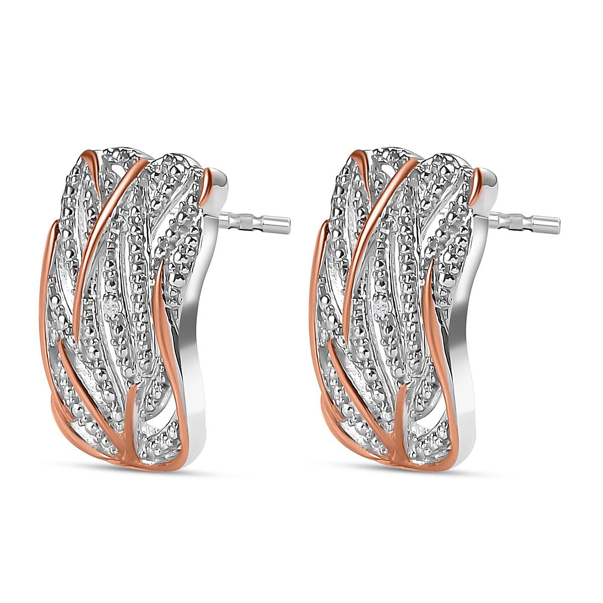 Diamond Criss Cross Earing in 18K Vermeil Rose Gold Plated and Platinum Overlay Sterling Silver