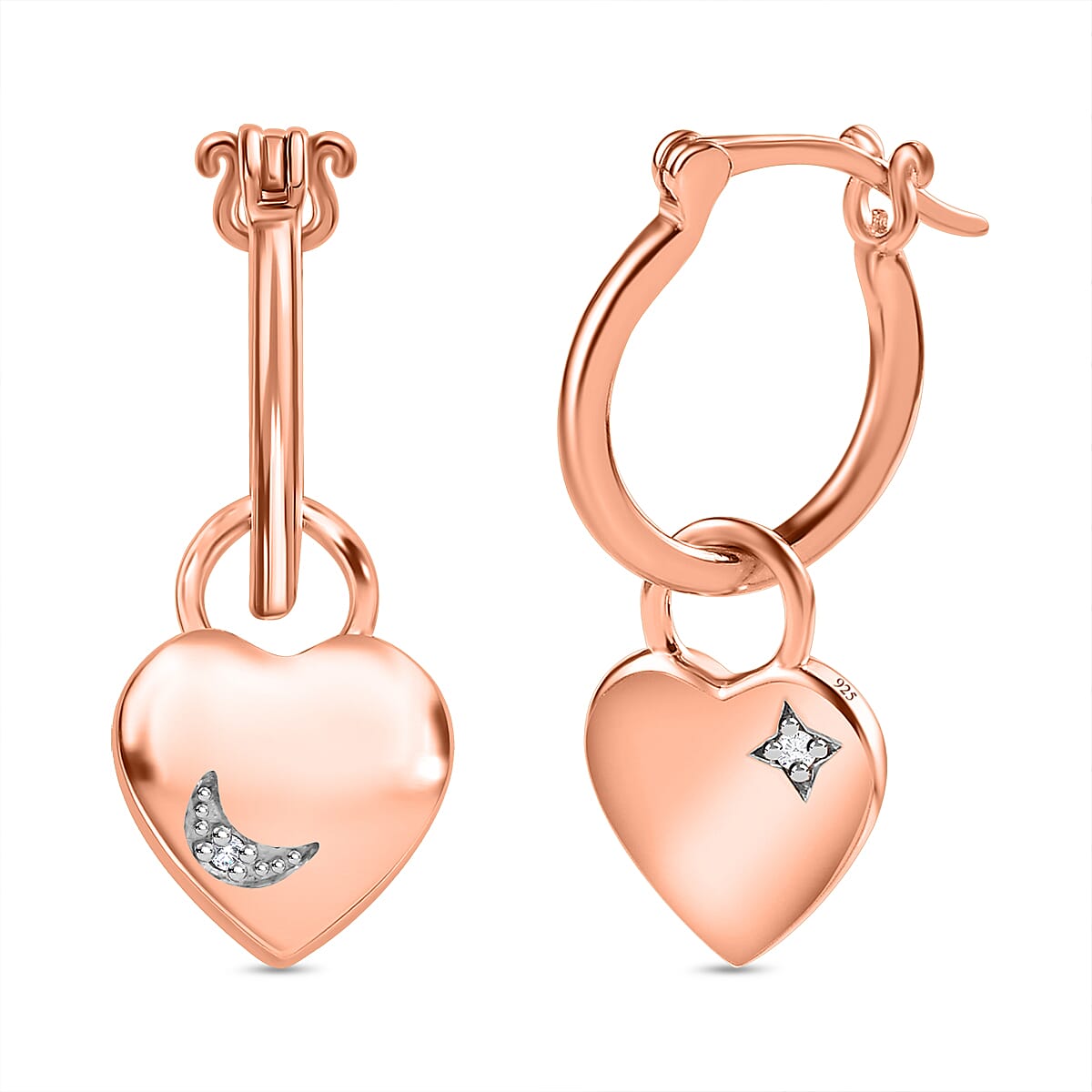 Diamond Heart Earrings in 18K Rose Gold Vermeil Plated Sterling Silver, Silver Wt. 5.97 Gms