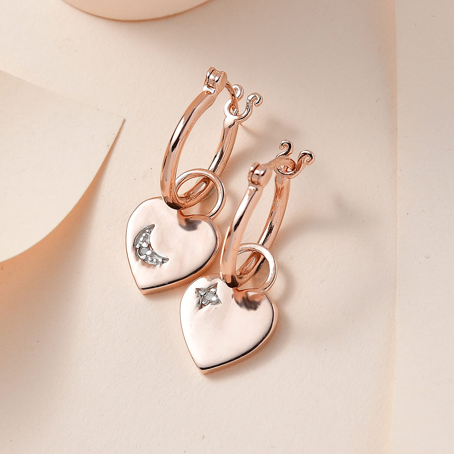 Diamond Heart Earrings in 18K Rose Gold Vermeil Plated Sterling Silver, Silver Wt. 5.97 Gms