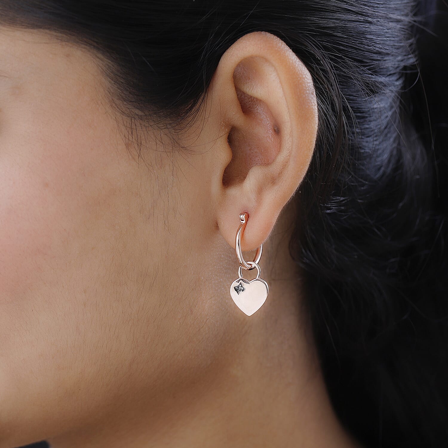 Diamond Heart Earrings in 18K Rose Gold Vermeil Plated Sterling Silver, Silver Wt. 5.97 Gms