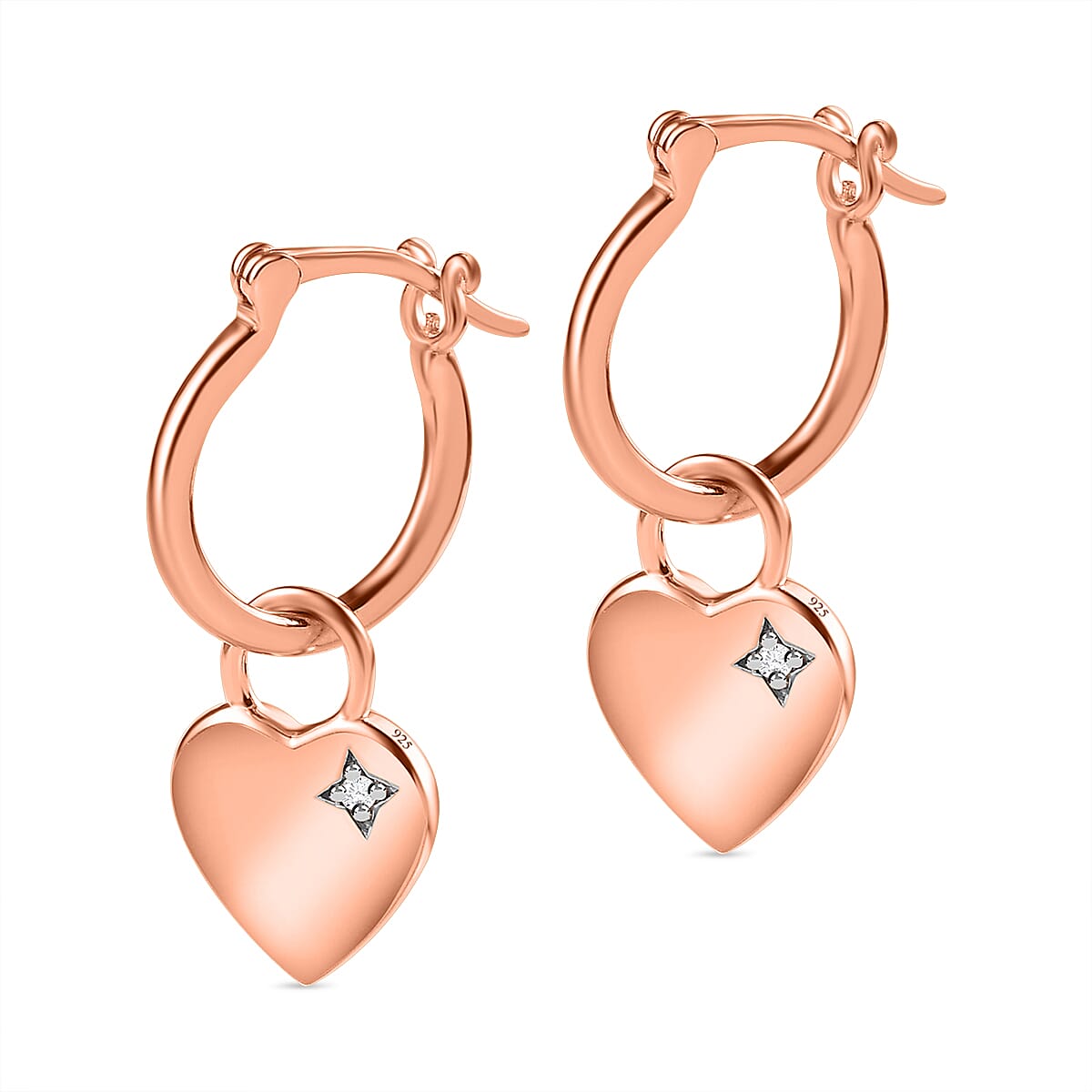 Diamond Heart Earrings in 18K Rose Gold Vermeil Plated Sterling Silver, Silver Wt. 5.97 Gms