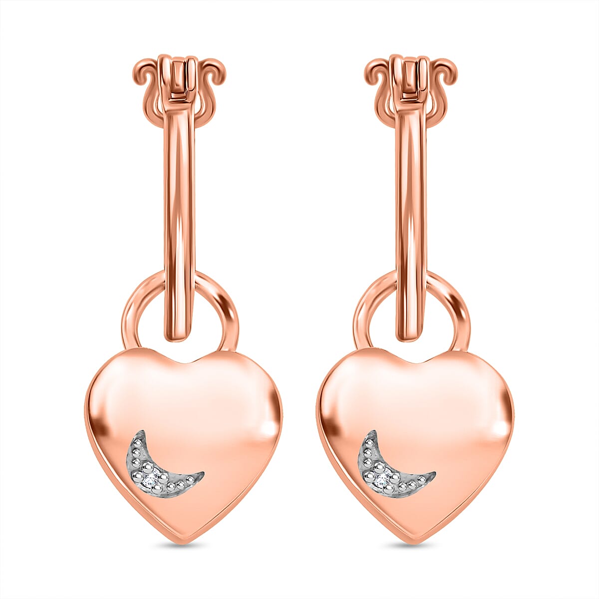 Diamond Heart Earrings in 18K Rose Gold Vermeil Plated Sterling Silver, Silver Wt. 5.97 Gms