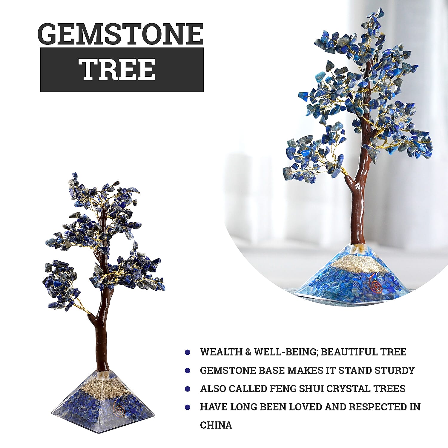 Lapis Lazuli Handmade Gemstone Tree of Life Table Decor with Orgone Pyramid Base (Size-22x7 Cm) - Blue