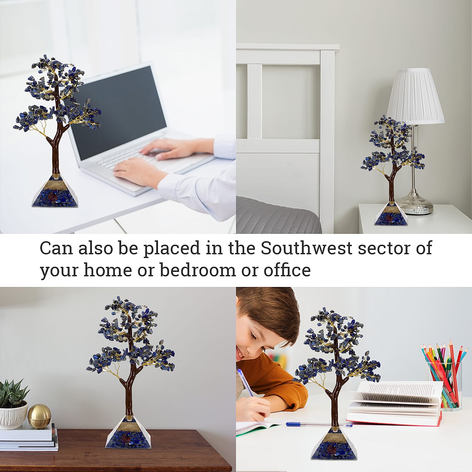 Lapis Lazuli Handmade Gemstone Tree of Life Table Decor with Orgone Pyramid Base (Size-22x7 Cm) - Blue