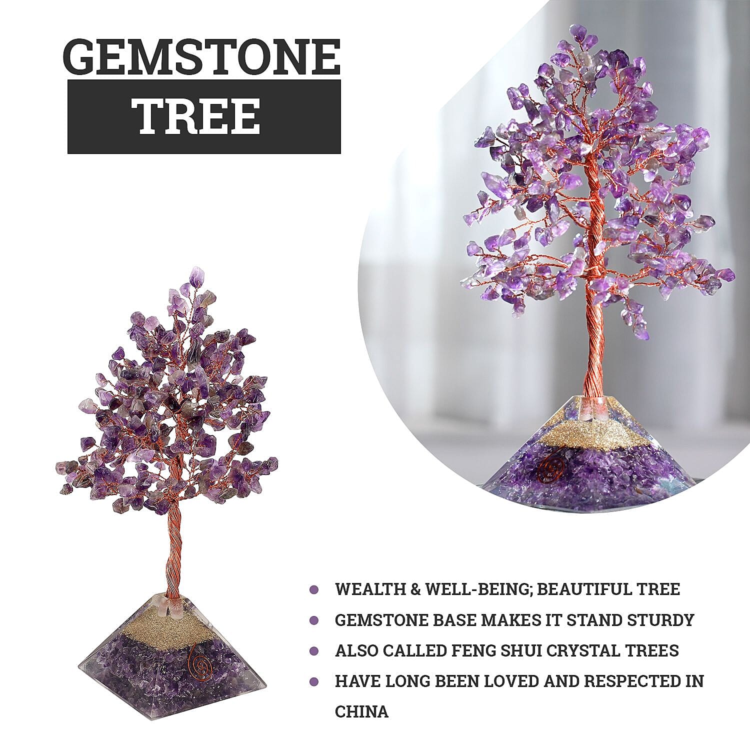 Amethyst Handmade Gemstone Tree of Life Table Decor with Orgone Pyramid Base (Size-22x7 Cm) - Purple
