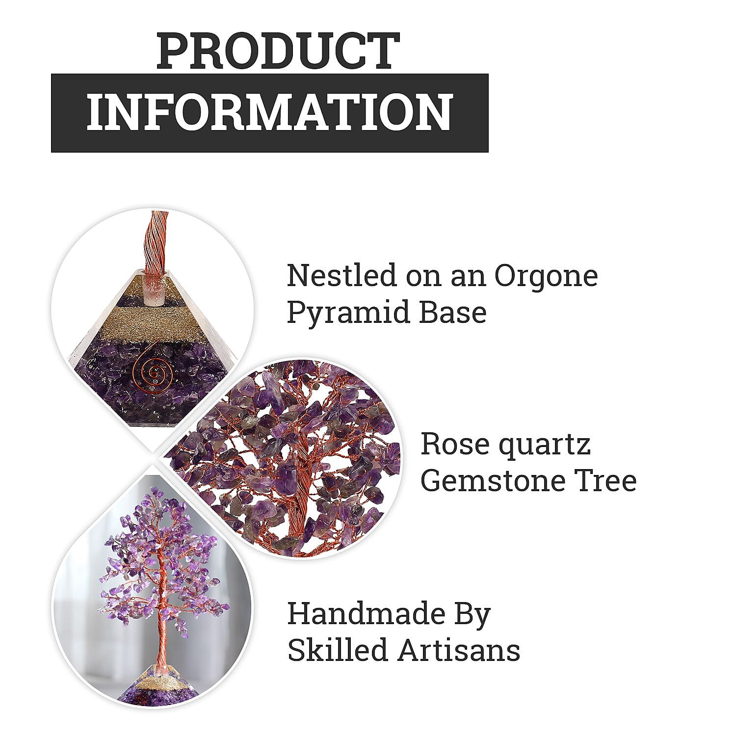 Amethyst Handmade Gemstone Tree of Life Table Decor with Orgone Pyramid Base (Size-22x7 Cm) - Purple