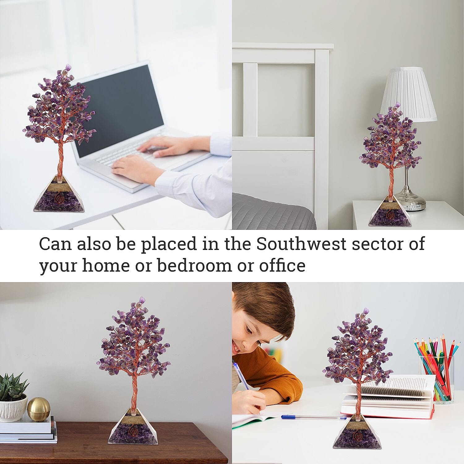 Amethyst Handmade Gemstone Tree of Life Table Decor with Orgone Pyramid Base (Size-22x7 Cm) - Purple