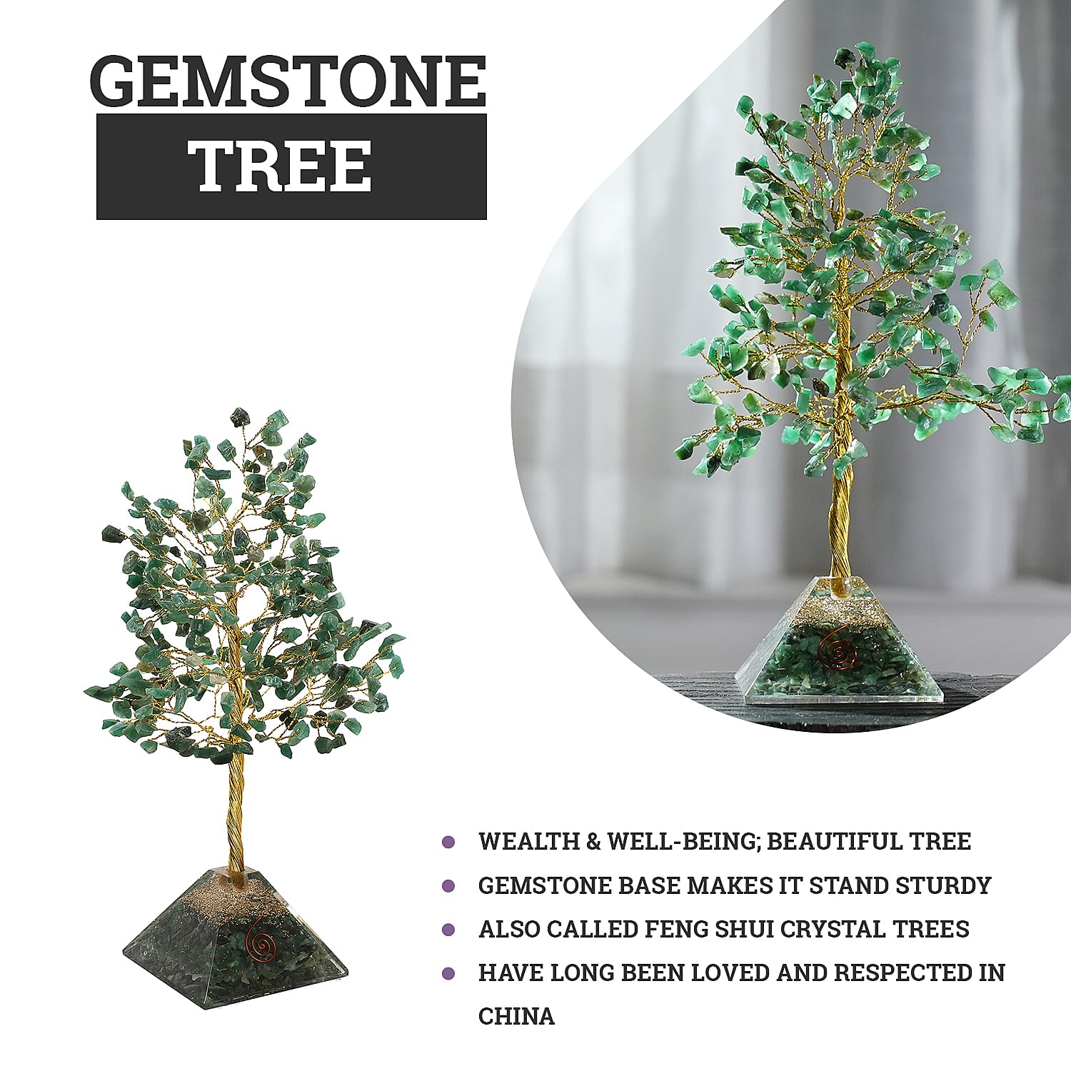 Green Aventurine Handmade Gemstone Tree of Life Table Decor with Orgone Pyramid Base (Size-22x7 cm) - Green