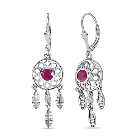 African Ruby and Natural Zircon Dream Catcher Earrings in Platinum Overlay Sterling Silver 1.60 Ct