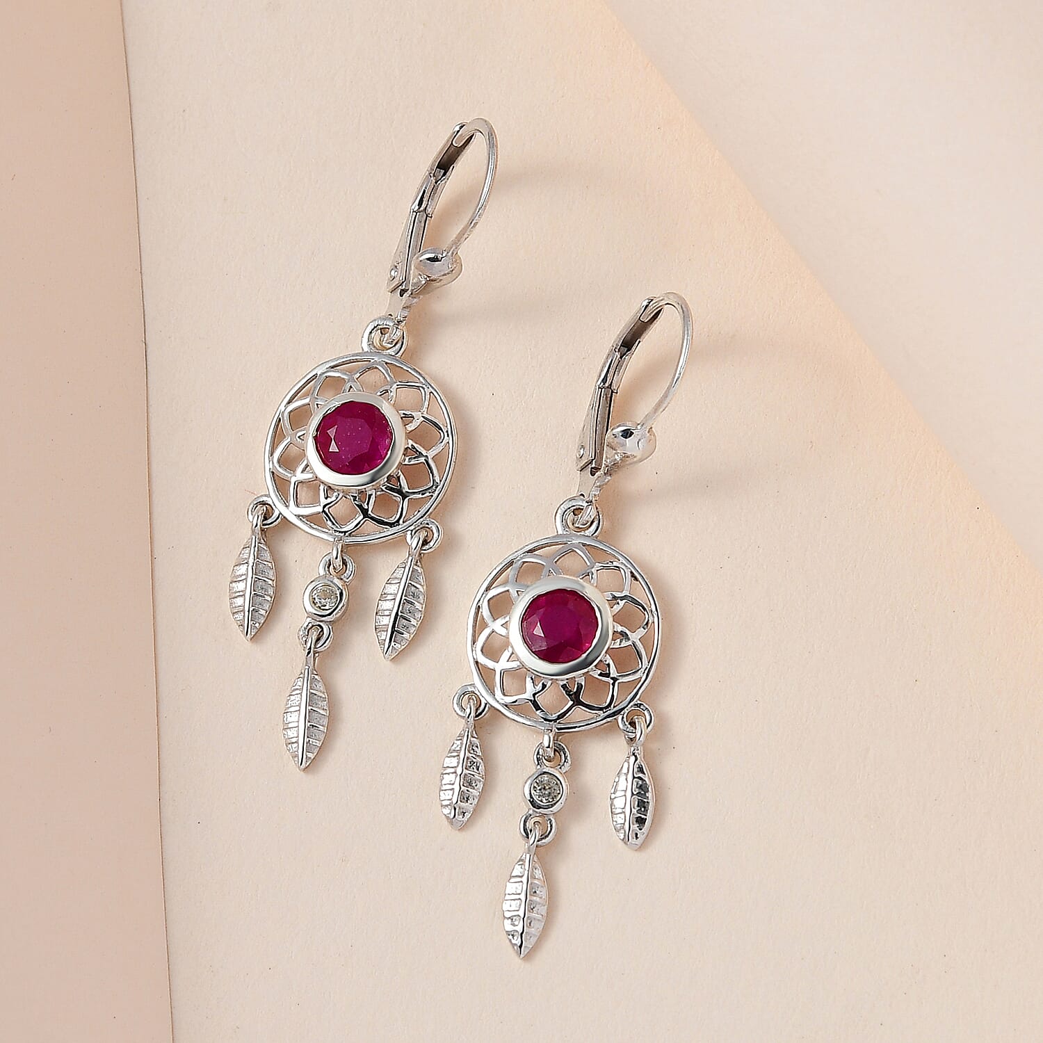 African Ruby and Natural Zircon Dream Catcher Earrings with Lever Back in Platinum Overlay Sterling Silver 1.60 Ct.