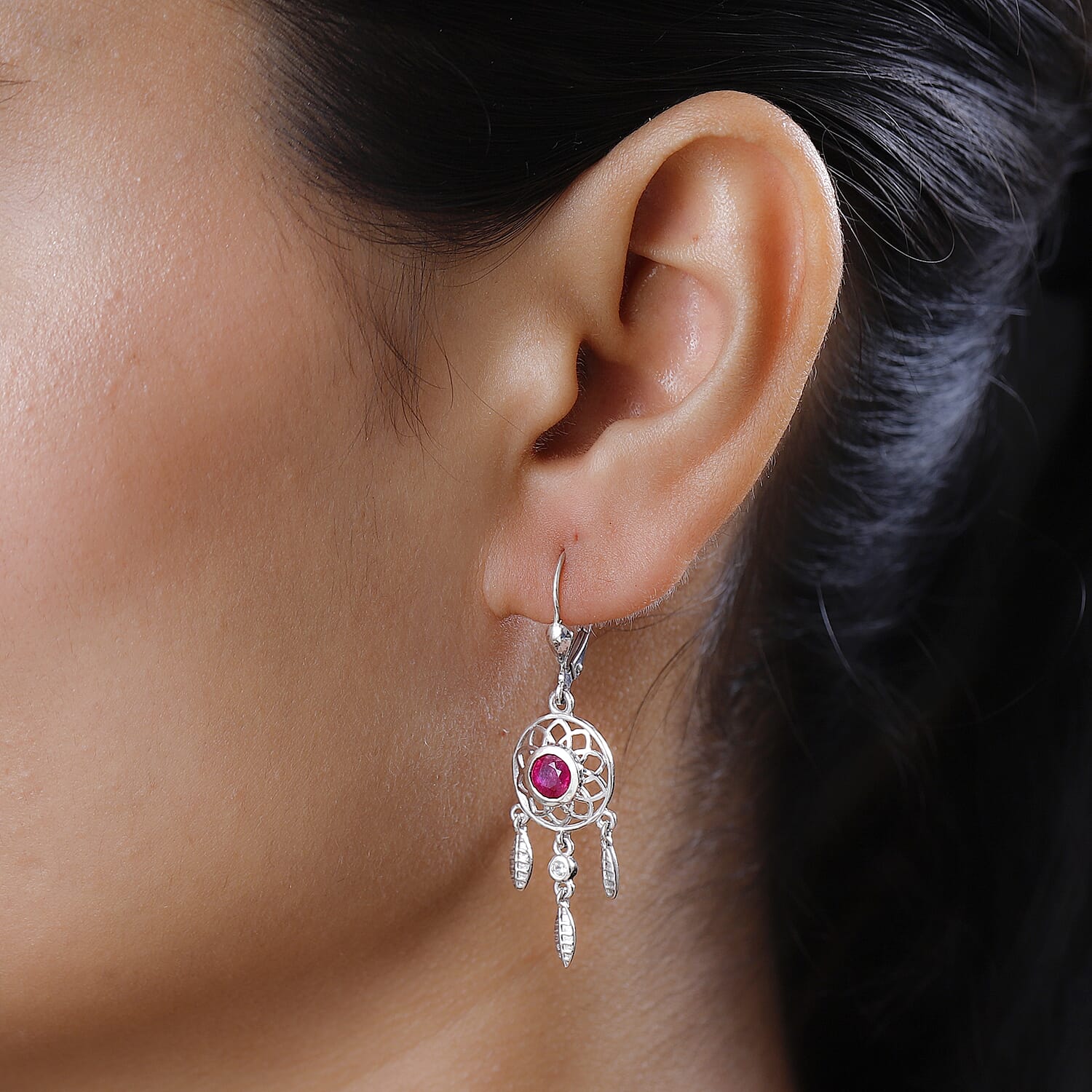 African Ruby and Natural Zircon Dream Catcher Earrings with Lever Back in Platinum Overlay Sterling Silver 1.60 Ct.