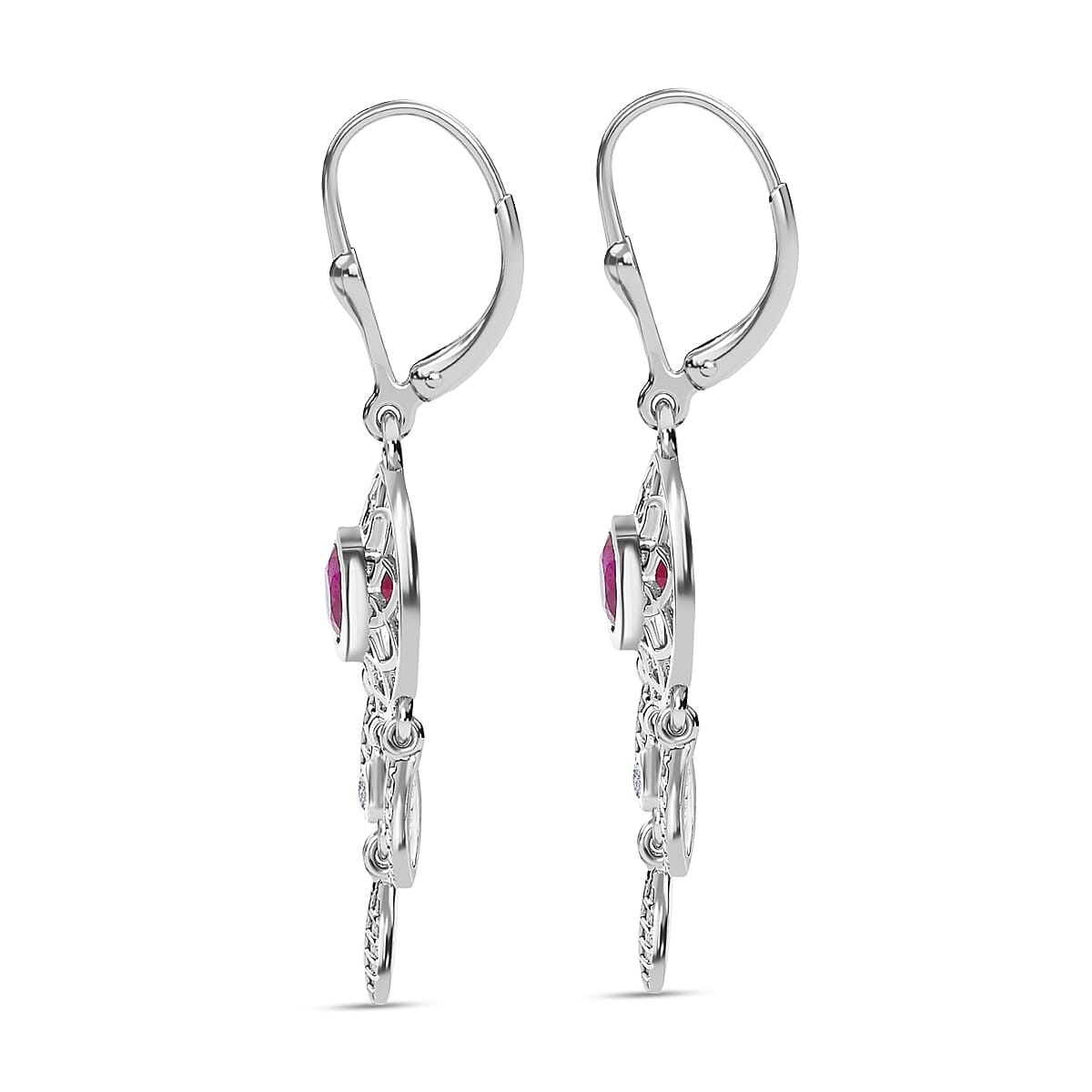 African Ruby and Natural Zircon Dream Catcher Earrings with Lever Back in Platinum Overlay Sterling Silver 1.60 Ct.