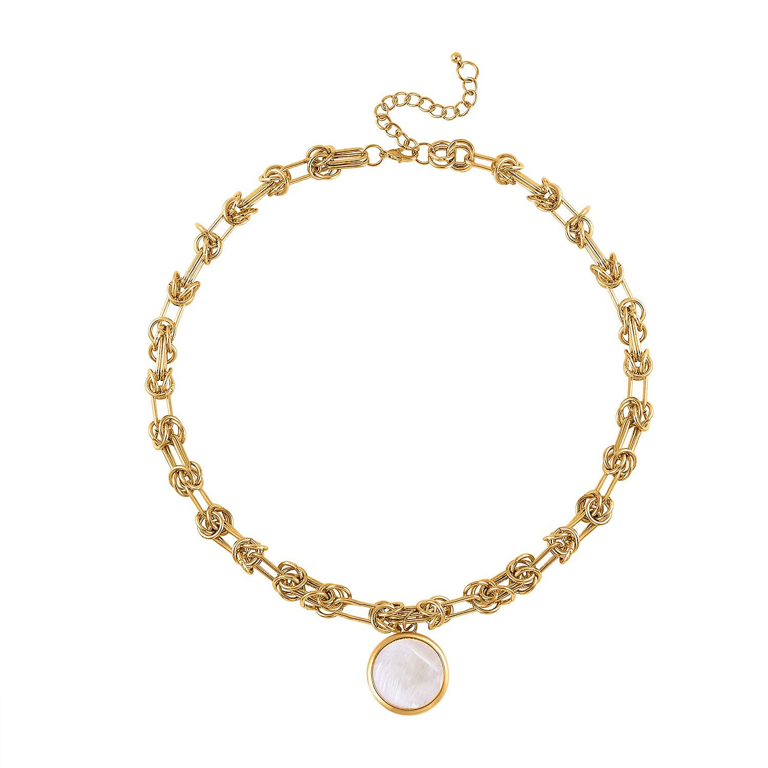 Limited Closeout Deal- Designer Inspired Gold Plated Paper Clip Link Byzantine White Shell Pearl Necklace (Size 20-3 inch Ext.)