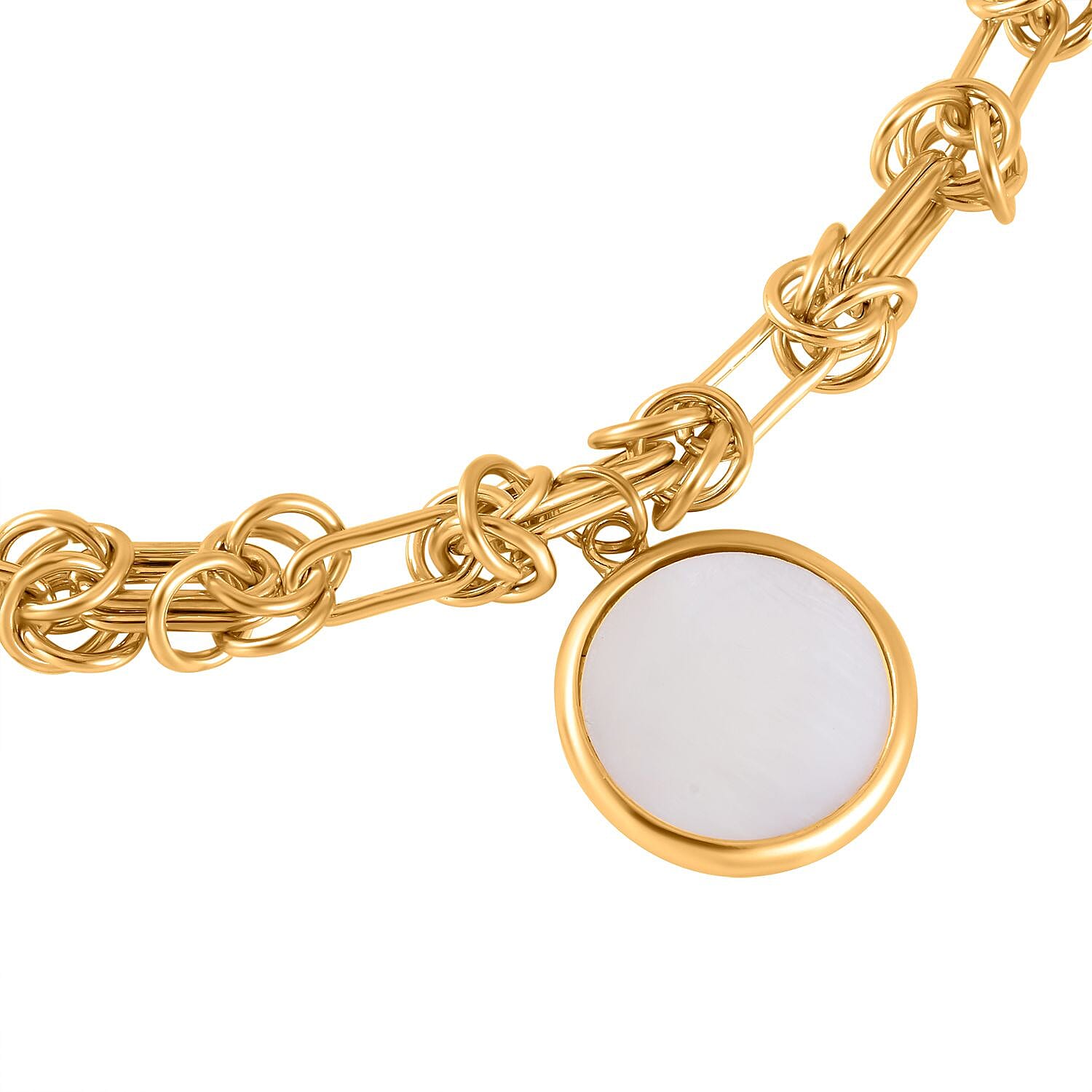 Limited Closeout Deal- Designer Inspired Gold Plated Paper Clip Link Byzantine White Shell Pearl Necklace (Size 20-3 inch Ext.)