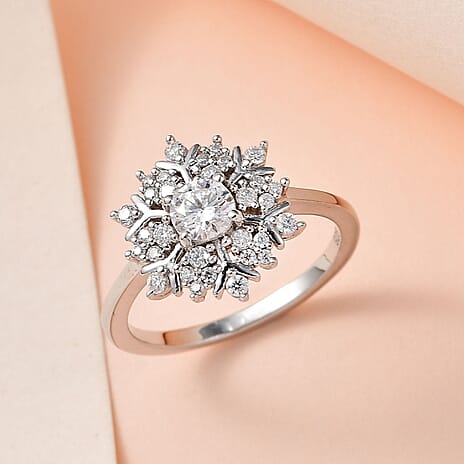 Moissanite Cluster Ring in Platinum Overlay Sterling Silver
