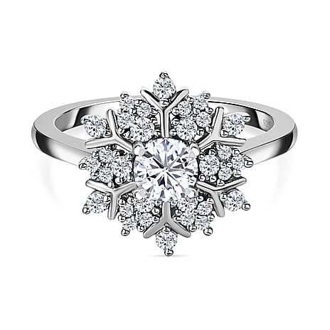 Moissanite Cluster Ring in Platinum Overlay Sterling Silver
