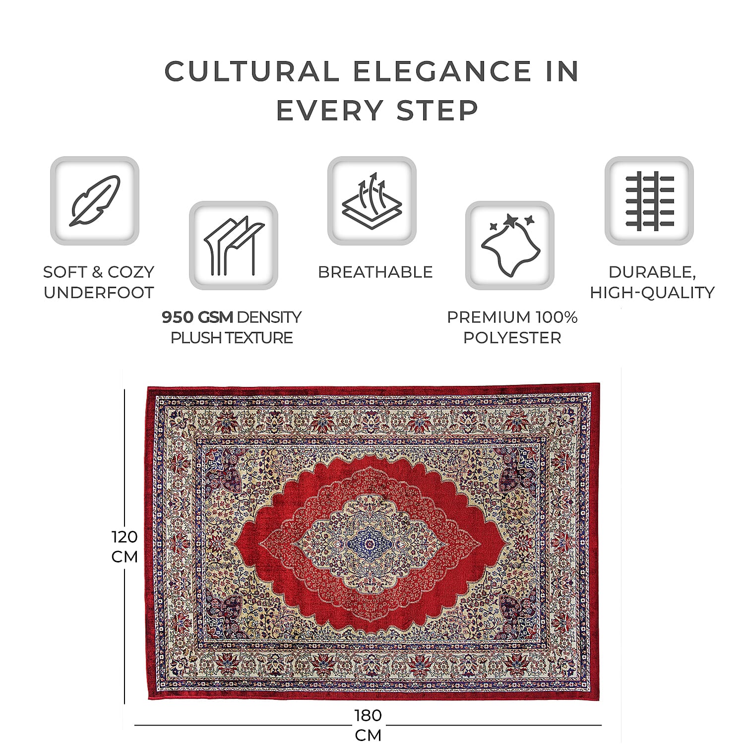 Luxurious Pile Carpet with Kashmiri Print (Size 180x120cm) - Burgundy & Beige